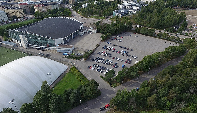 P-Helsingin jäähalli, ilmakuva pysäköintialueesta ja jäähallin ympäristöstä