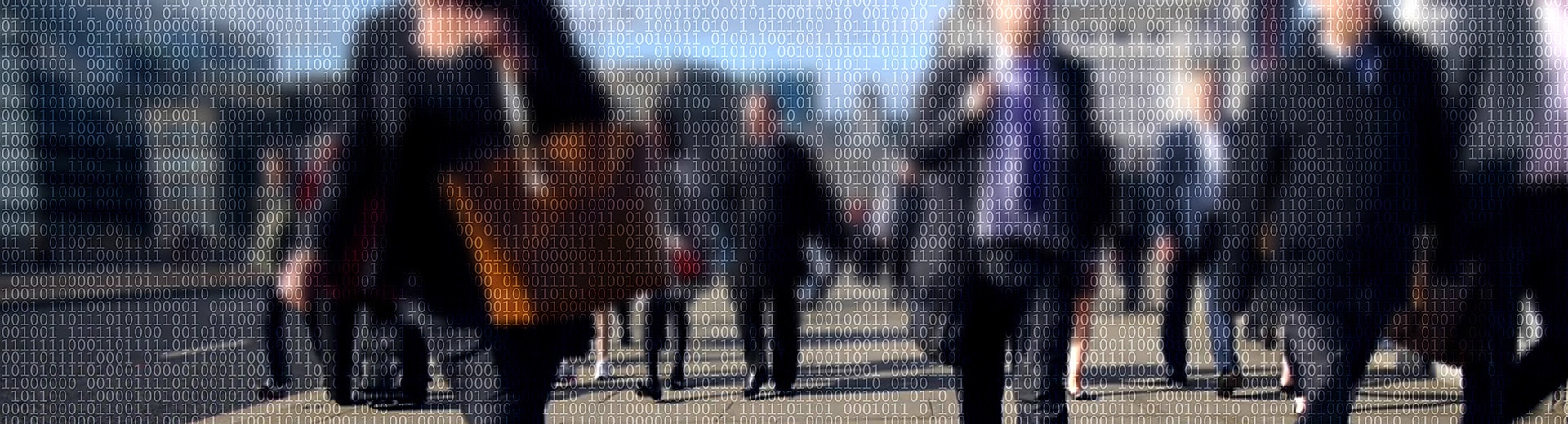 Walking City of London commuters made of ones and zeroes.